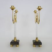 Pair of large candlesticks, Restoration style in brass, black marble, glass. 19th century