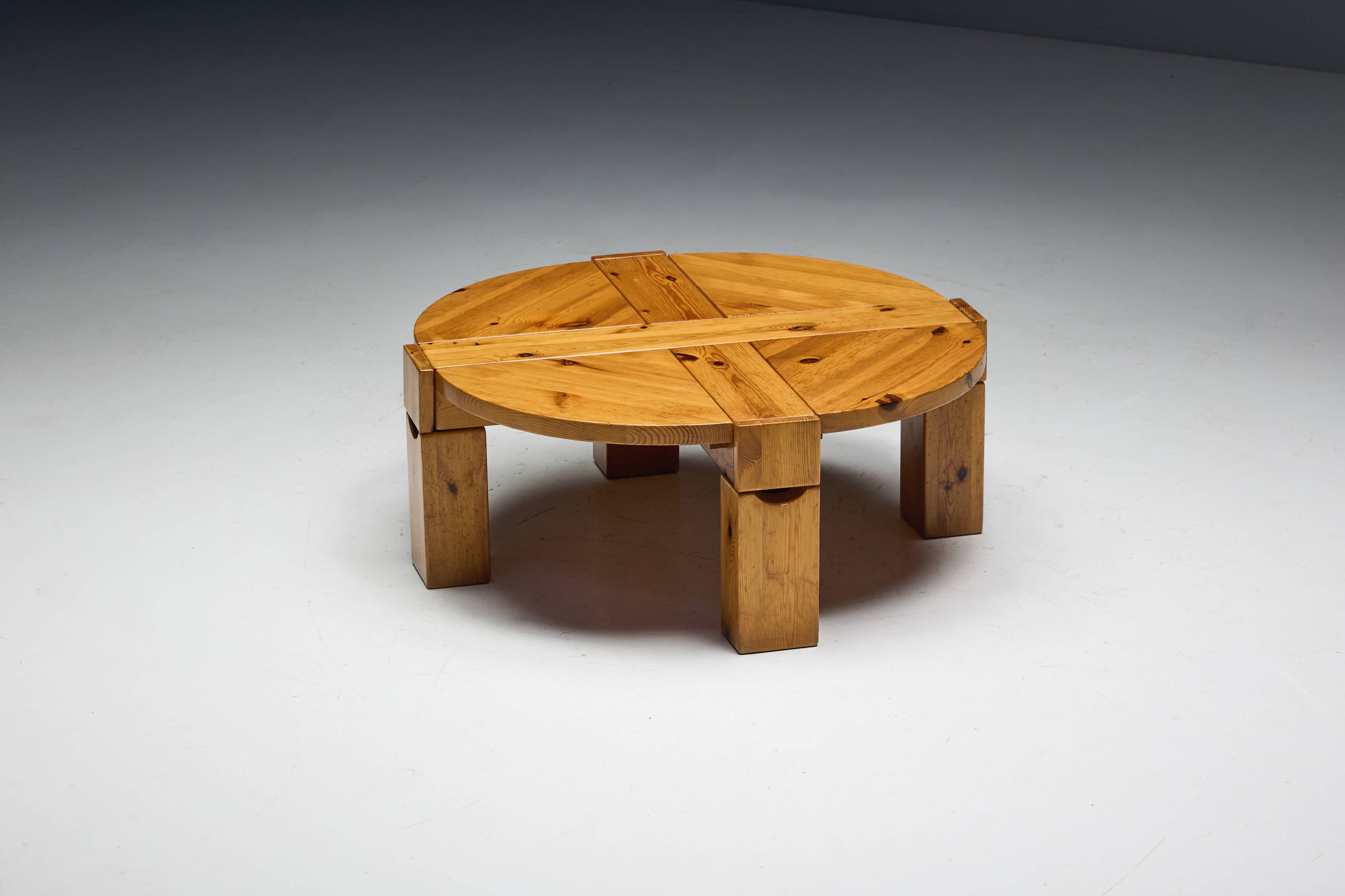 Brutalist Pine Wood Coffee Table, Sweden, 1970s