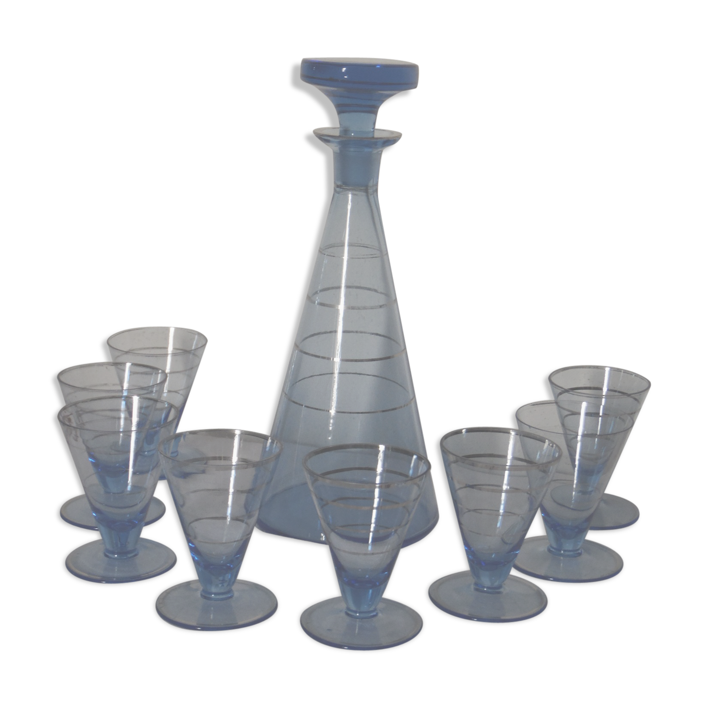 Service a liqueur verre bleu et argent vintage 50's