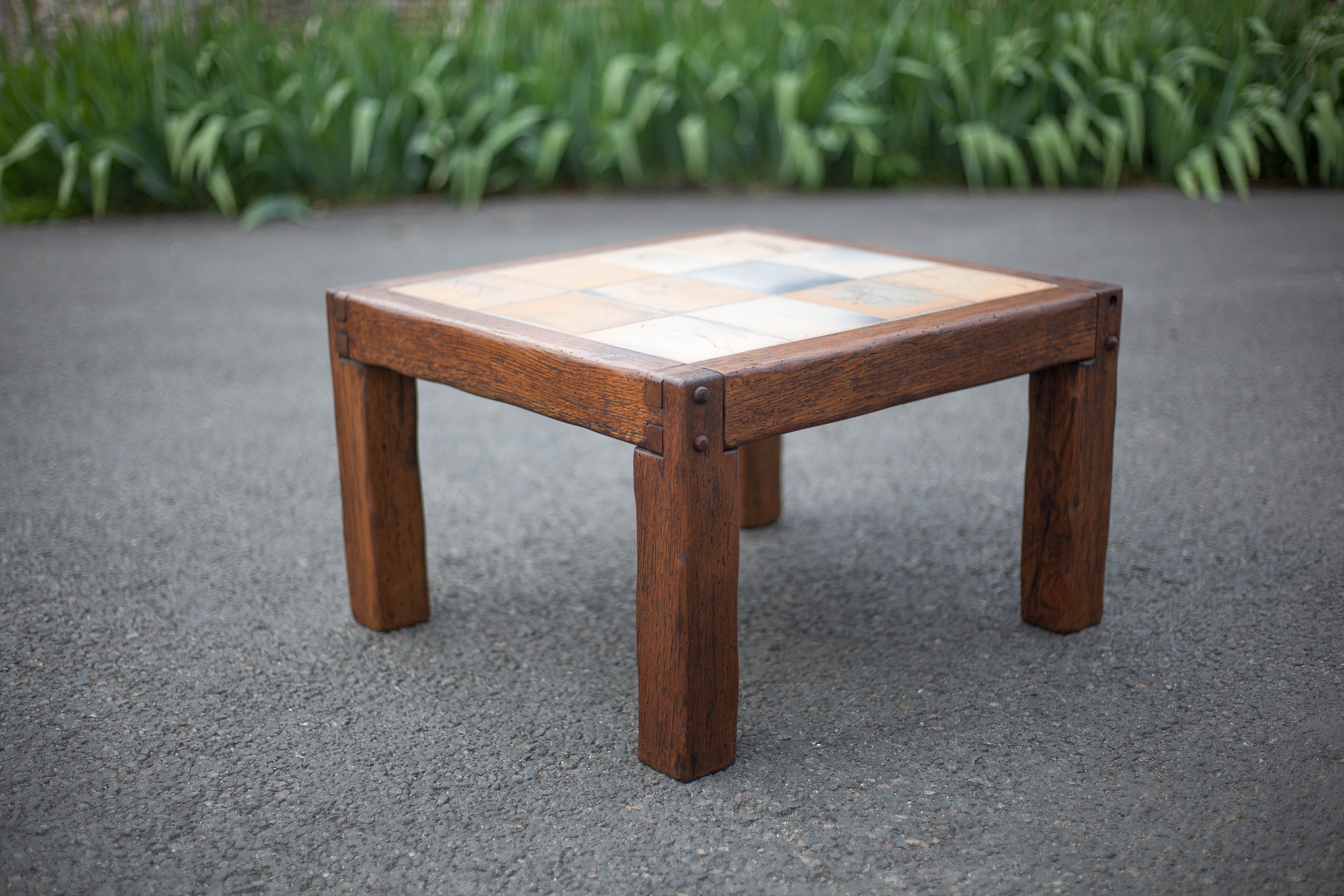 small ceramic coffee table herbarium feet wood, table signed R.capron