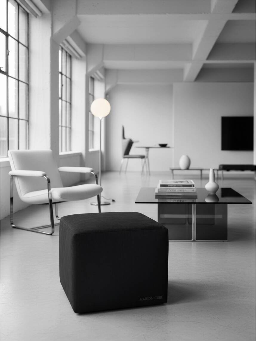 Minimalist square pouffe in black suede