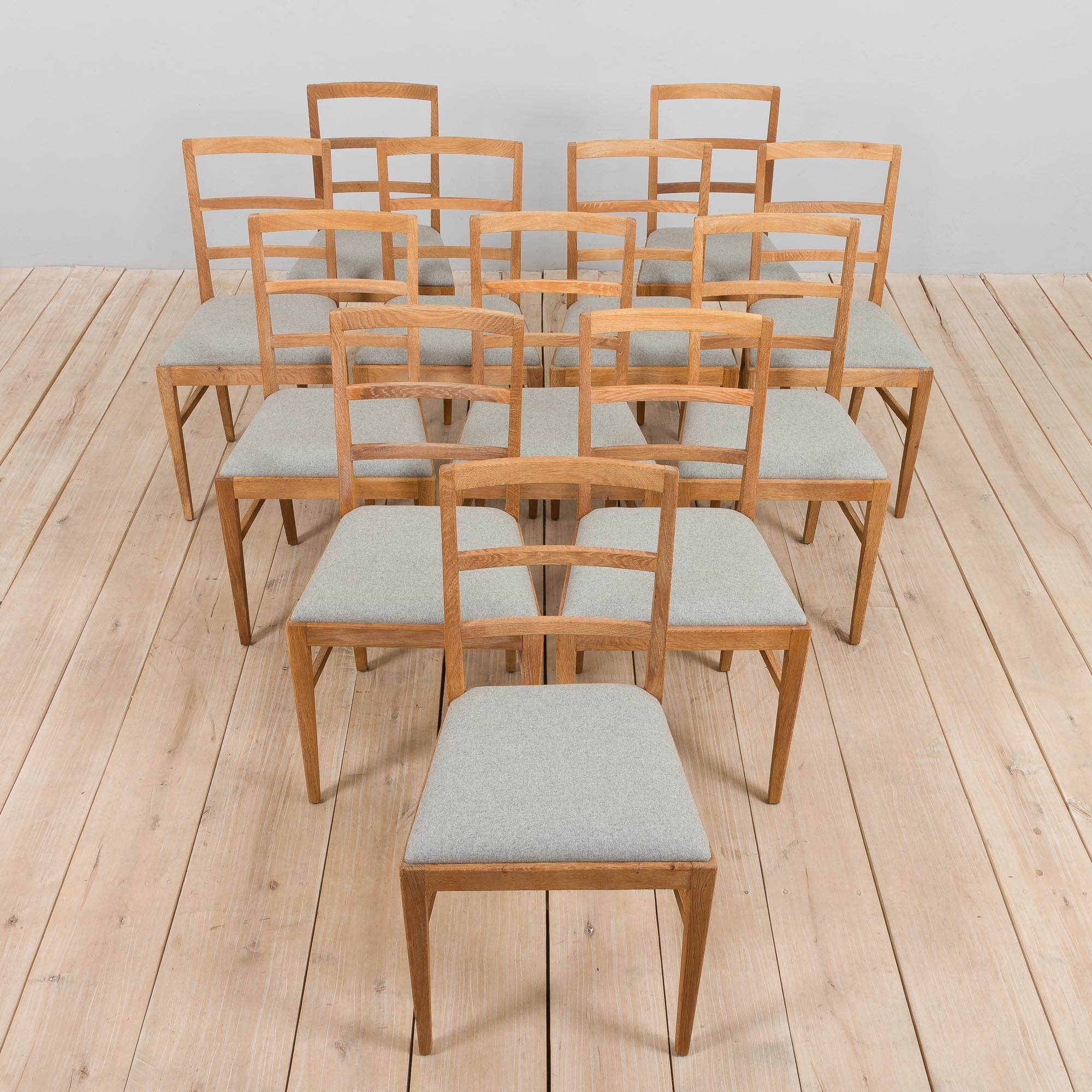Set Of 6 Mid Century oak dining chairs by Fritz Hansen, natural wool upholstery, 1950s