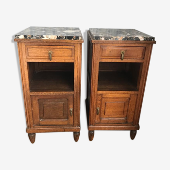 Lot de 2 chevets anciens en chêne dessus plaque de marbre noir