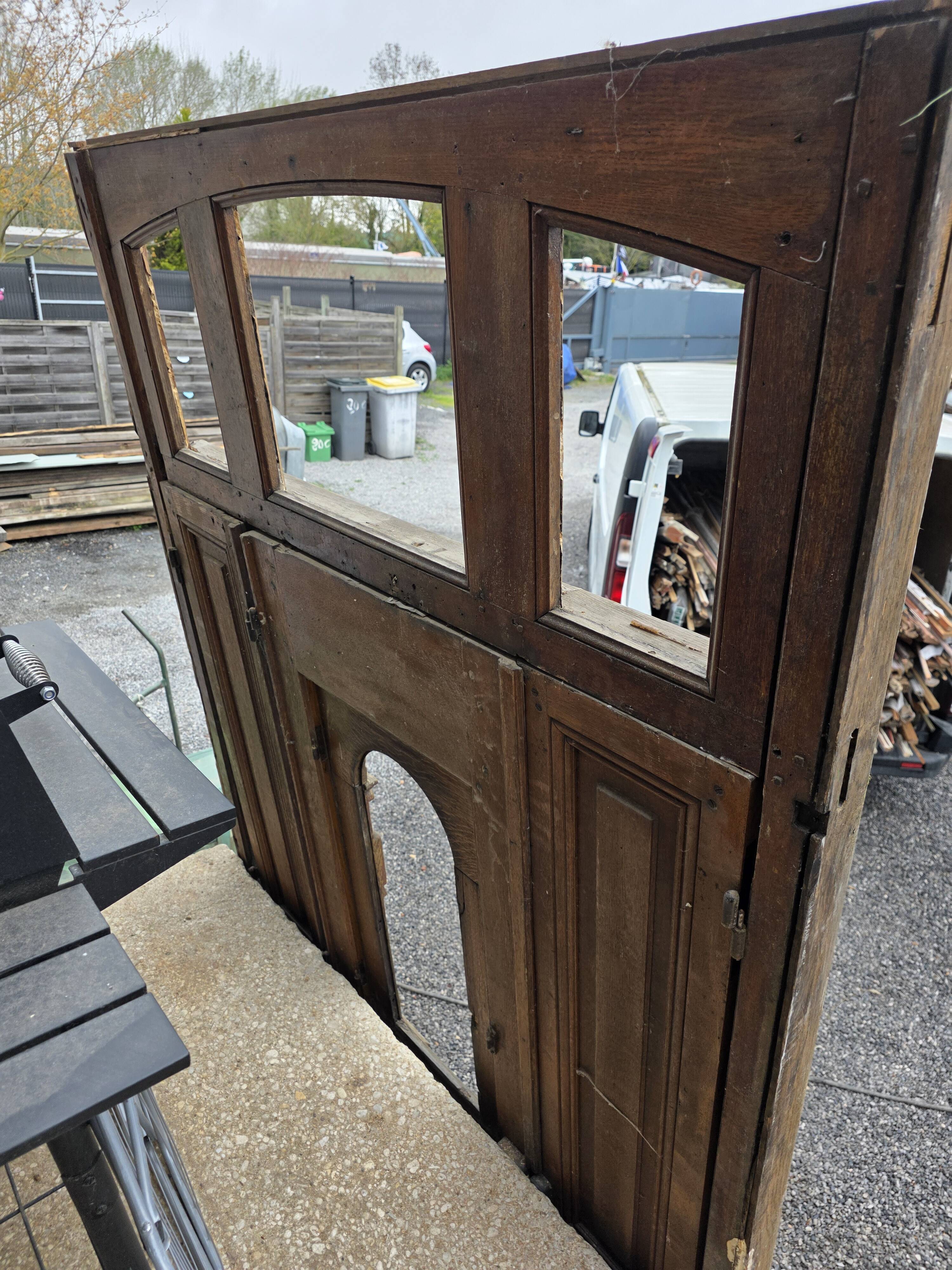 19th-century solid oak entrance door with three openings, including frame.