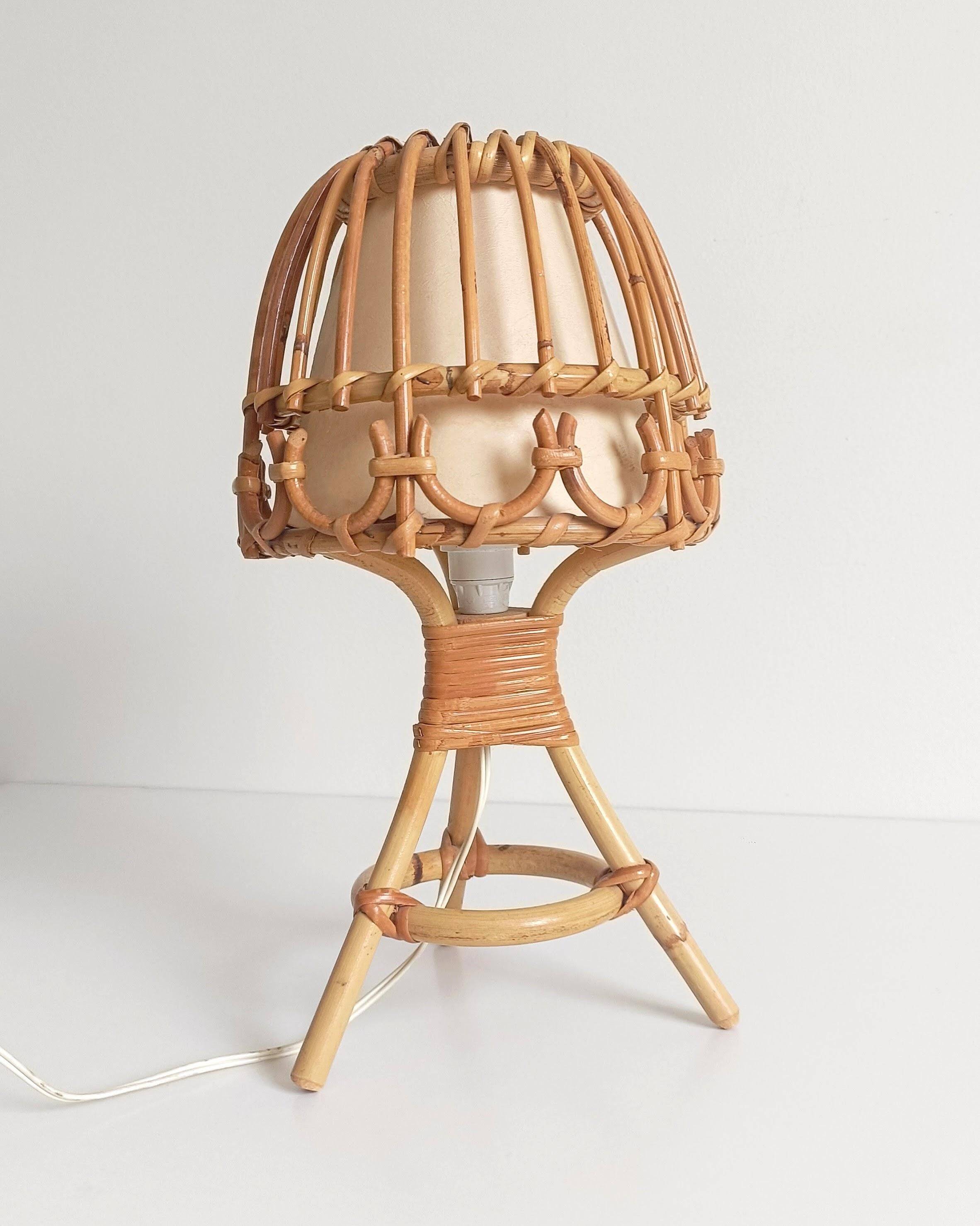 Midcentury Bamboo and Rattan Table Lamp, Attributed to Louis Sognot