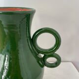 Green ceramic amphora vase with large handmade circular handles