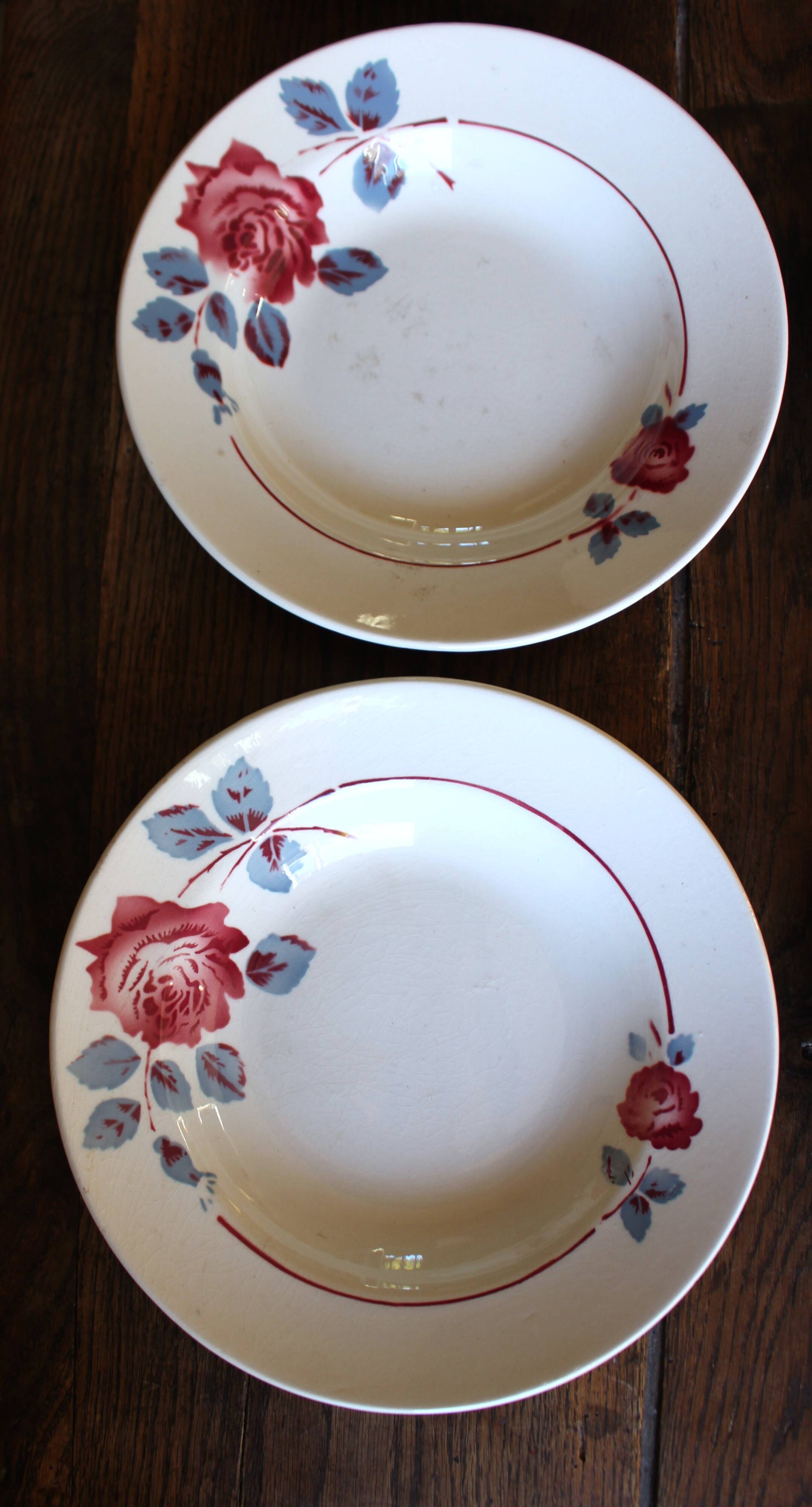 6 mismatched pink deep plates Digoin Badonviller Art Deco