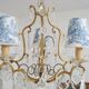 Vintage grapefruit chandelier with three lampshades in Toile de Jouy fabric