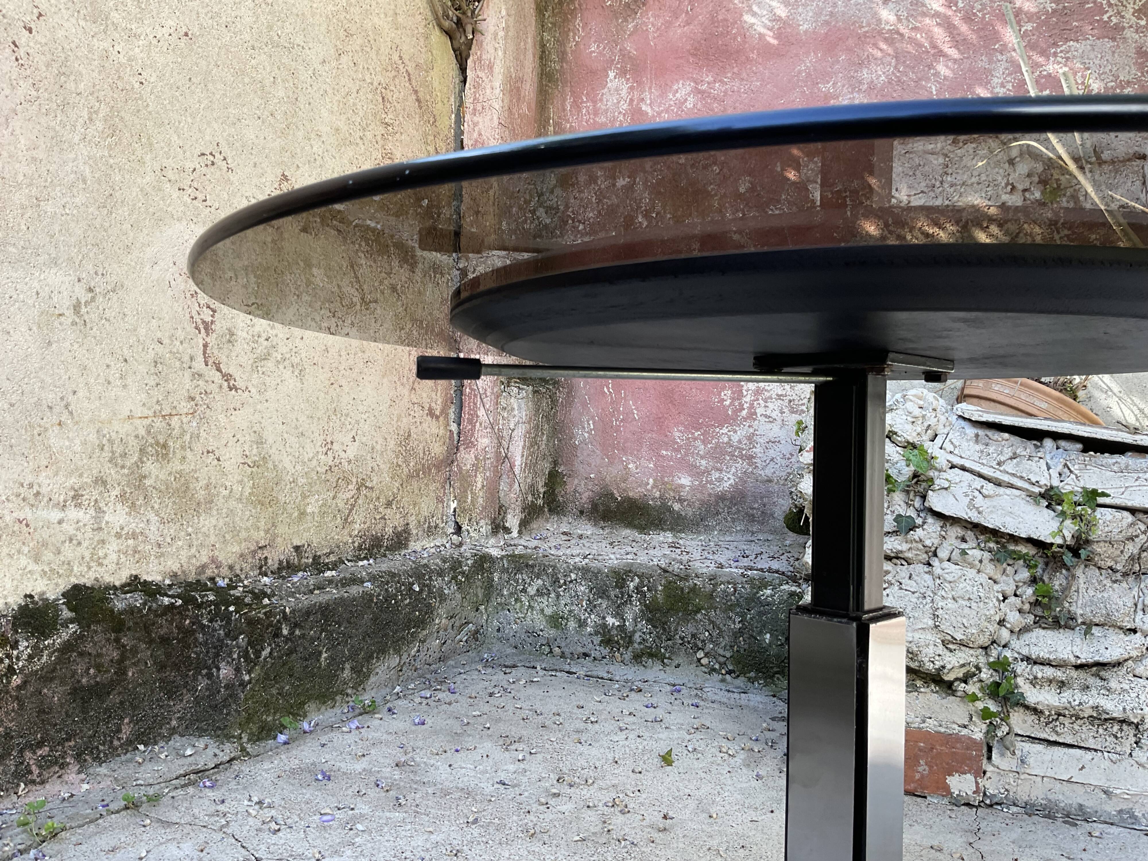 Adjustable coffee table in smoked glass, steel and stainless steel from the 70s