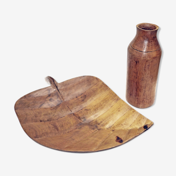 Plat design  feuille et vase en bois