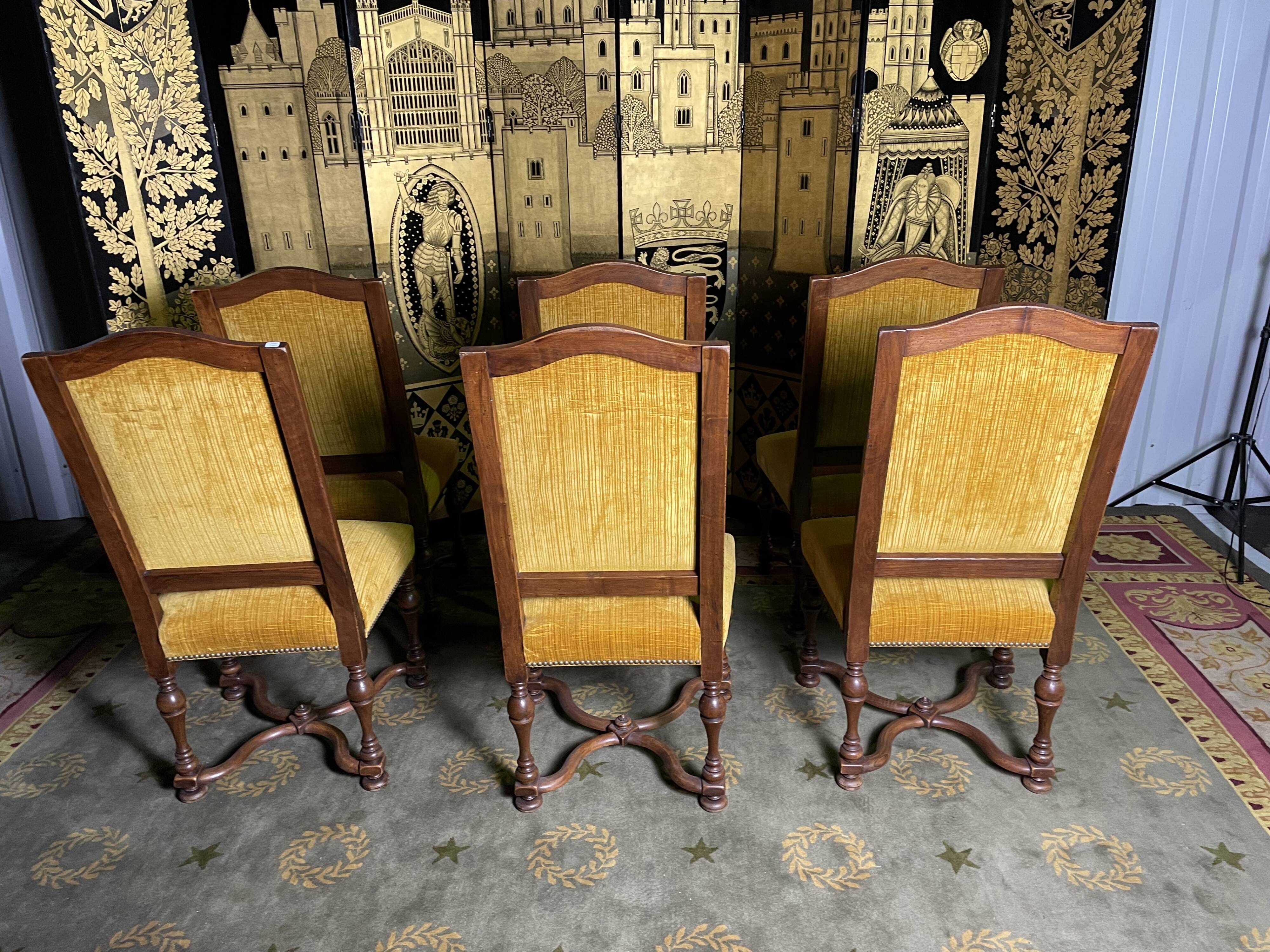 Suite of 6 chairs walnut and yellow velvet louis XIV style