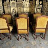 Suite of 6 chairs walnut and yellow velvet louis XIV style