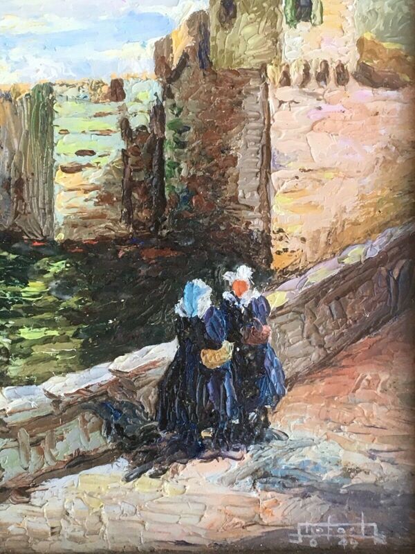 Peinture huile sur isorel signée paysage breton Bretagne port bateau personnage xx ème