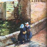 Painting Oil on Isorel Signed Landscape Breton Brittany Port Boat Character XX ème