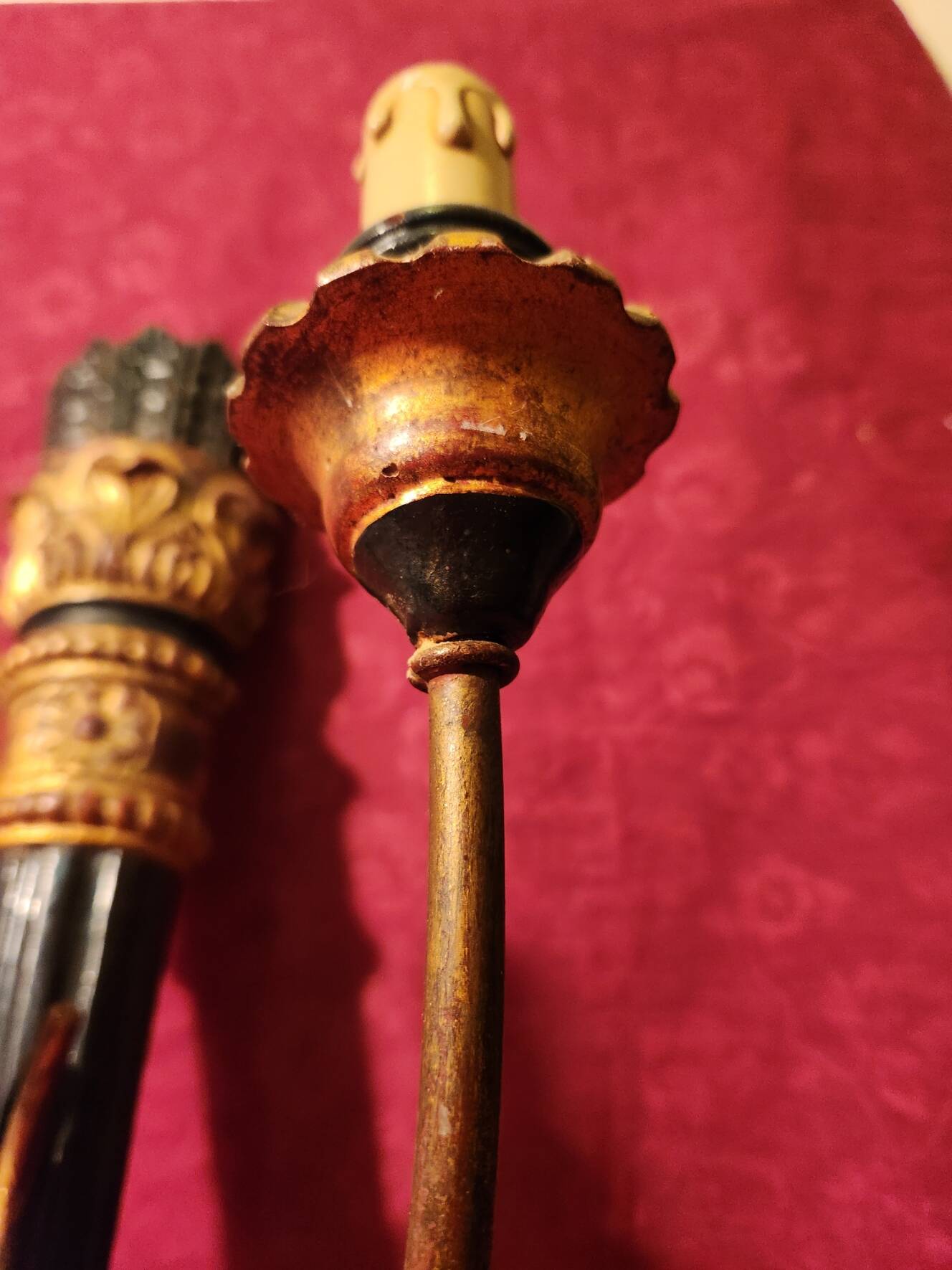 Large antique double wall light in gilded and black wood from the attic