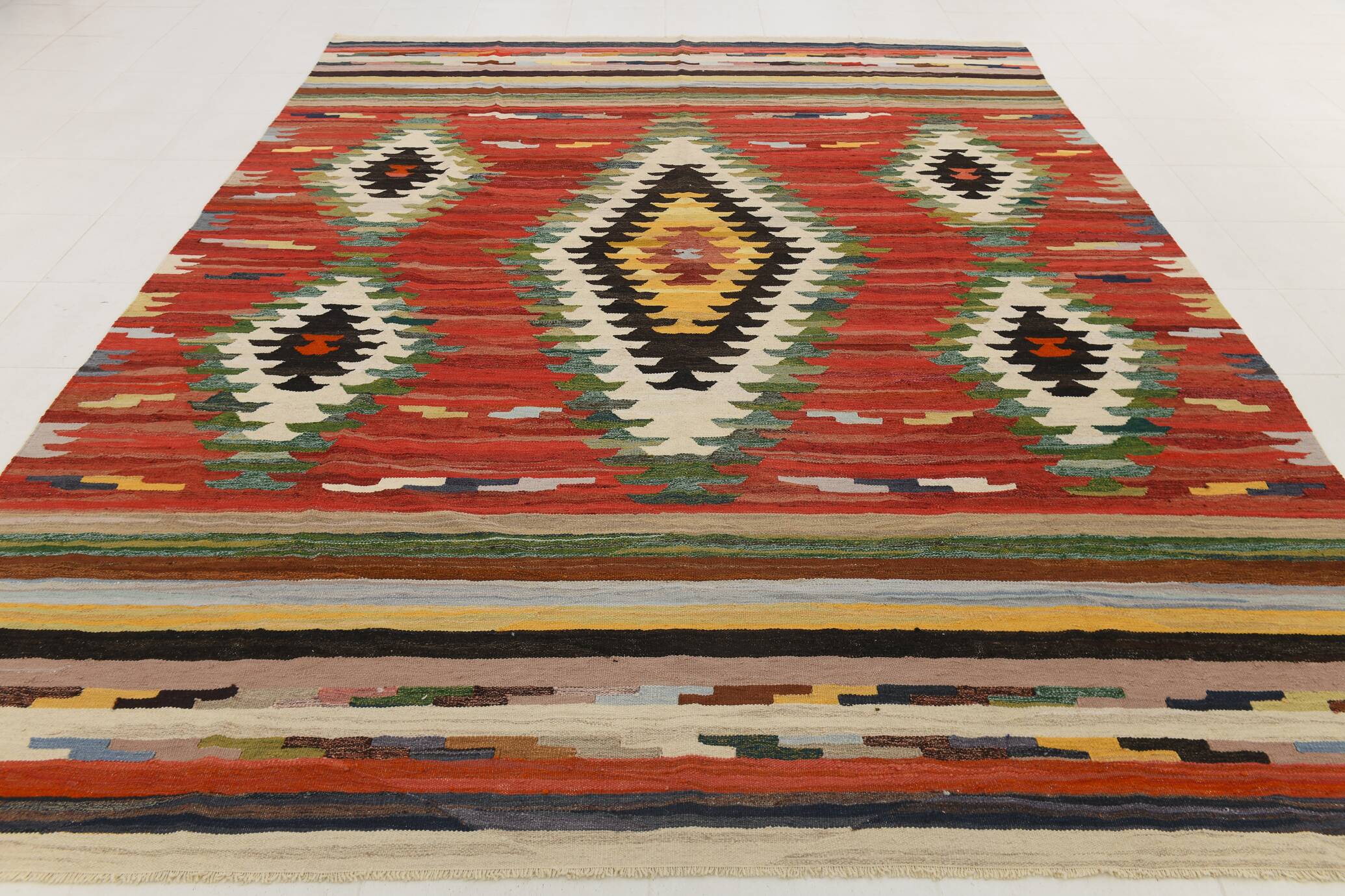 9x12 Kilim Red Green Oversize Vintage Kilim Rug, 275x370Cm