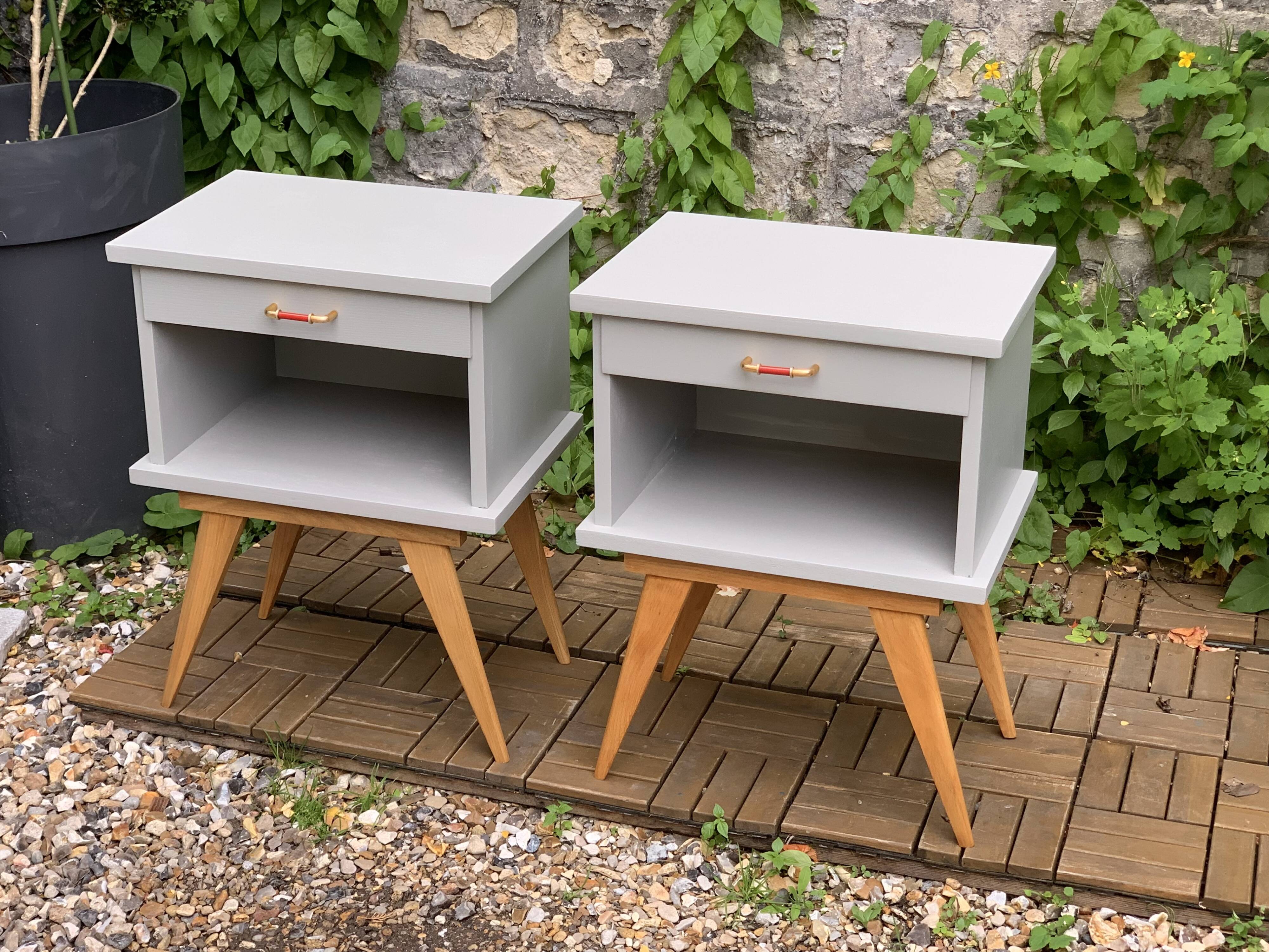 Pair of vintage 1950s compass foot bedside tables
