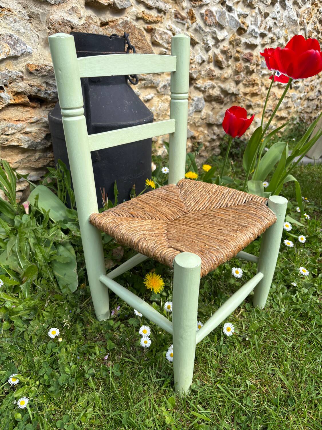 Mint green wooden and vintage straw children's chair