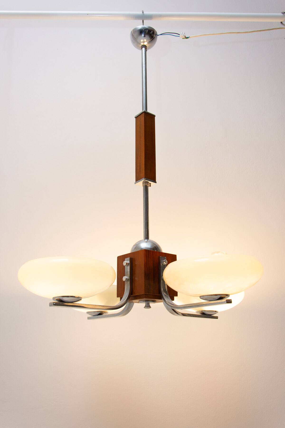 chrome and wood art deco pendant chandelier, circa 1930´s, bohemia