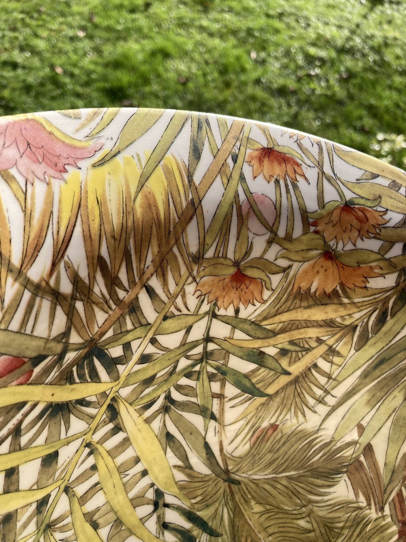 Rare lancel footed bowl in ceramic and wood with jungle decoration, made in italy