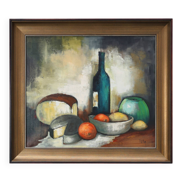 Impressionist Still Life with Bottle and Fruit by A. de Man, Belgium, 1960s