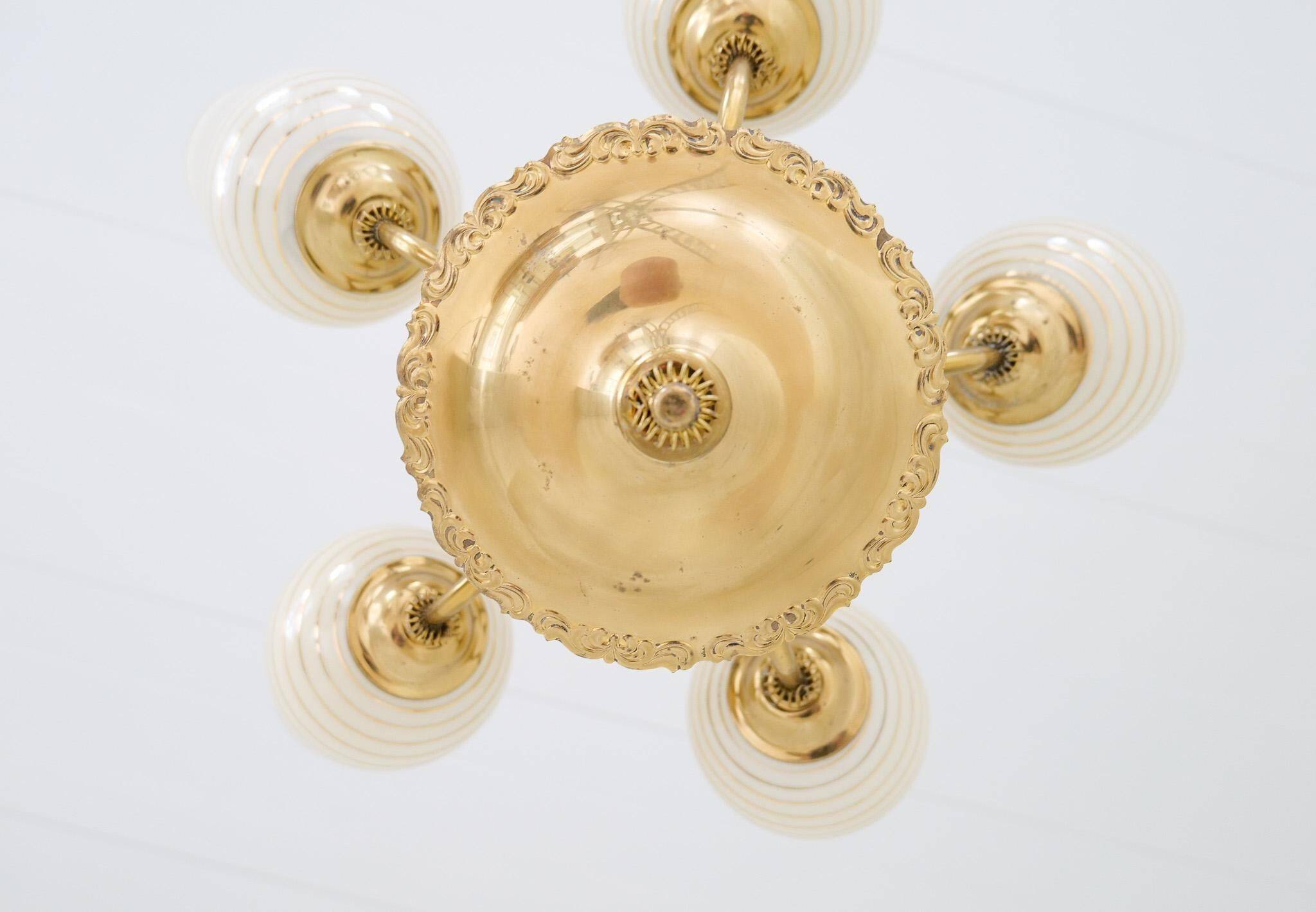 Mid-century brass and glass pendant light by Sario, Finland, 1950s.
