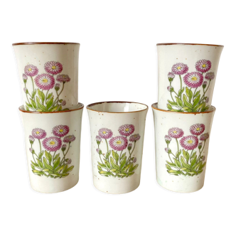 5 tasses à thé en grès fleuris vintage