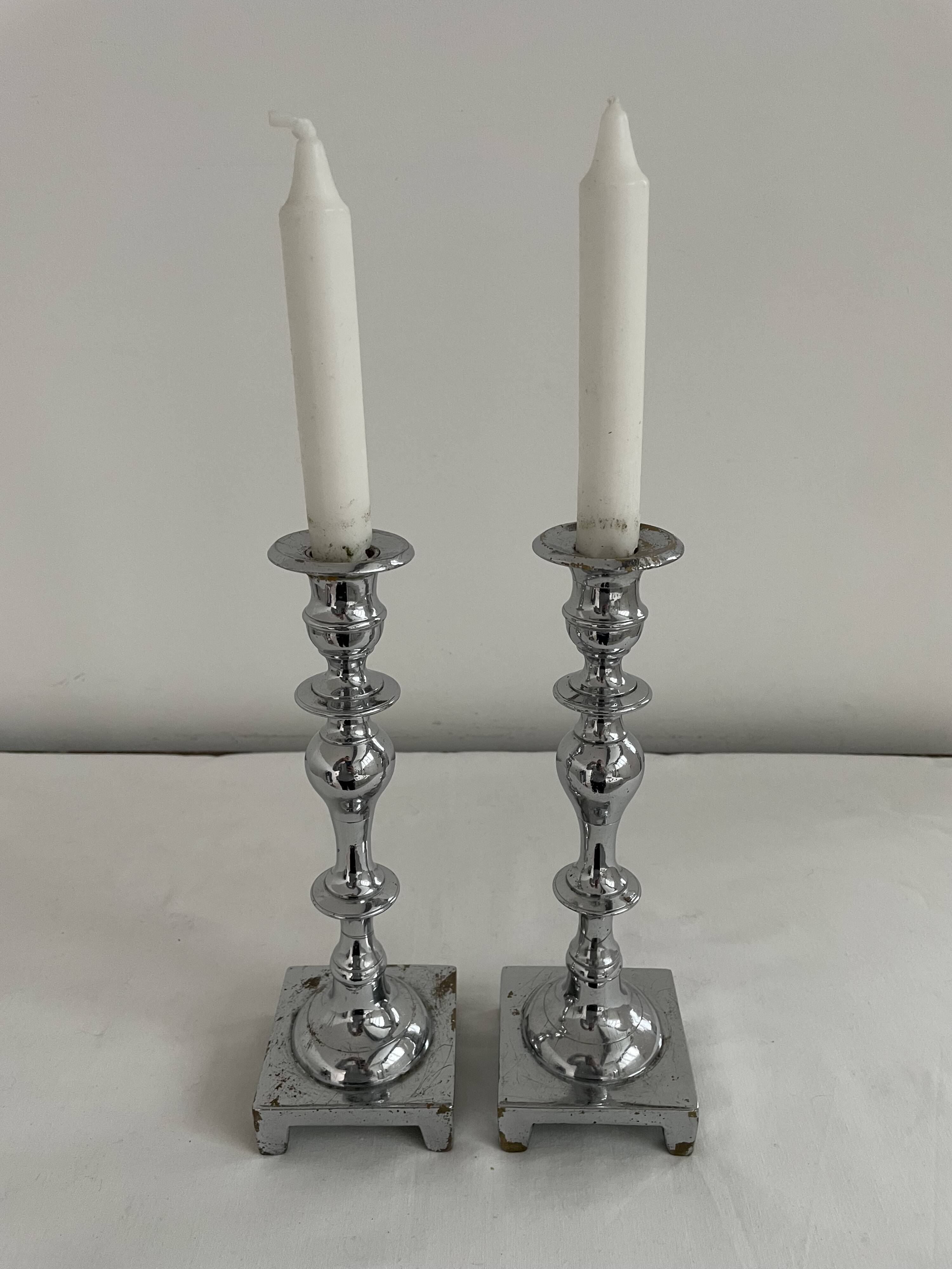 Large antique silver plated candlesticks, square base, pair, classic