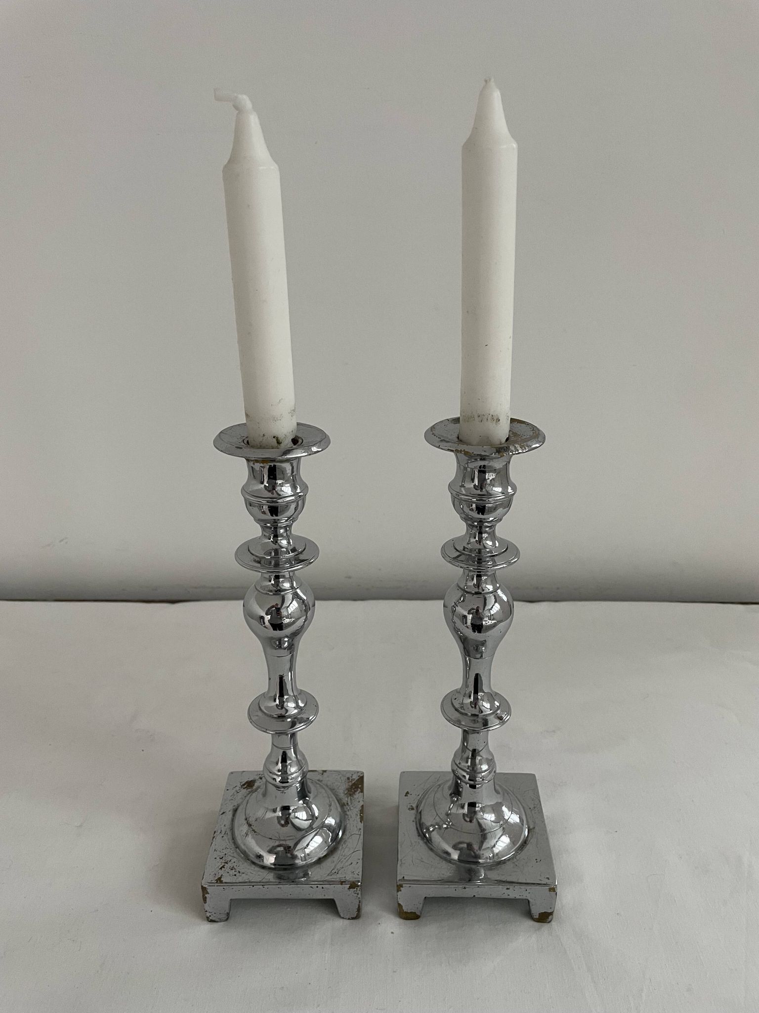 Large antique silver plated candlesticks, square base, pair, classic