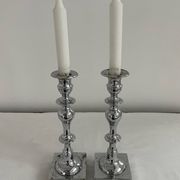 Large antique silver plated candlesticks, square base, pair, classic