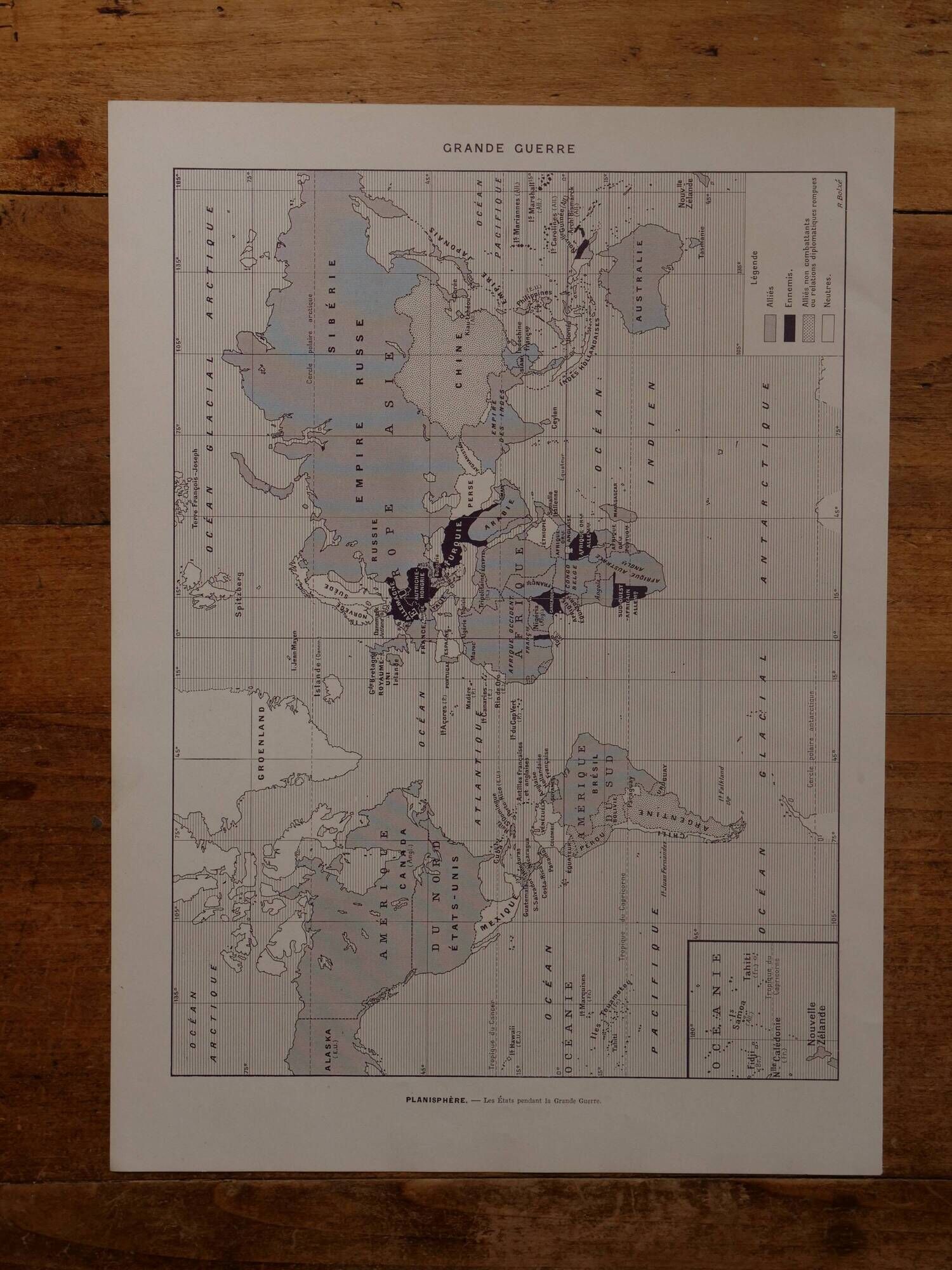 Original lithograph on the First World War (troops + map)