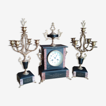 Parure de cheminée époque Napoléon III pendule horloge chandeliers