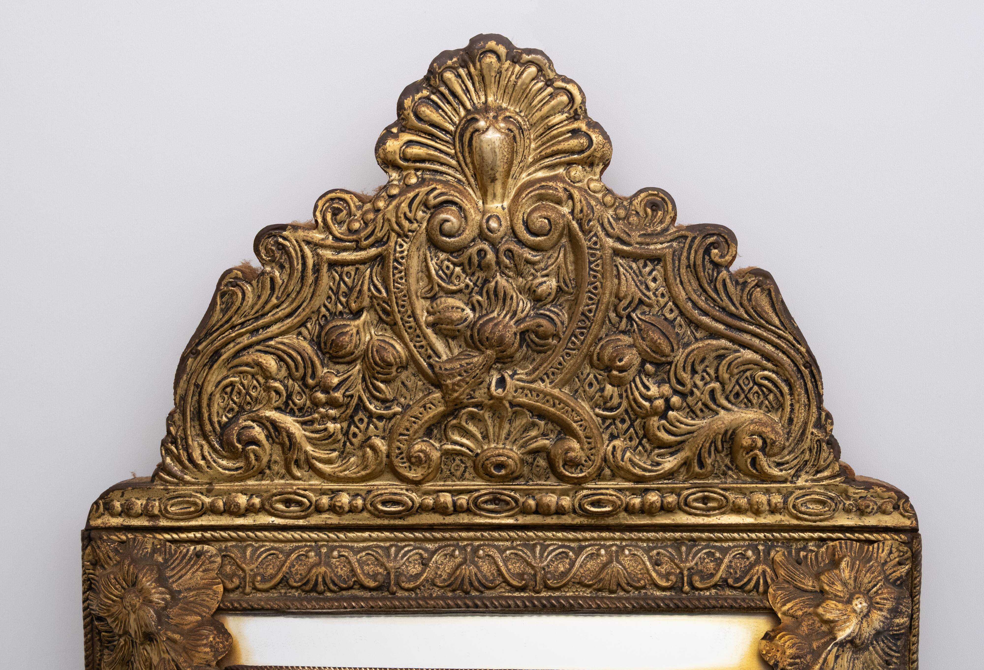 Antique Dutch Brass Ornate Repousse hanging Mirror Hall Cabinet