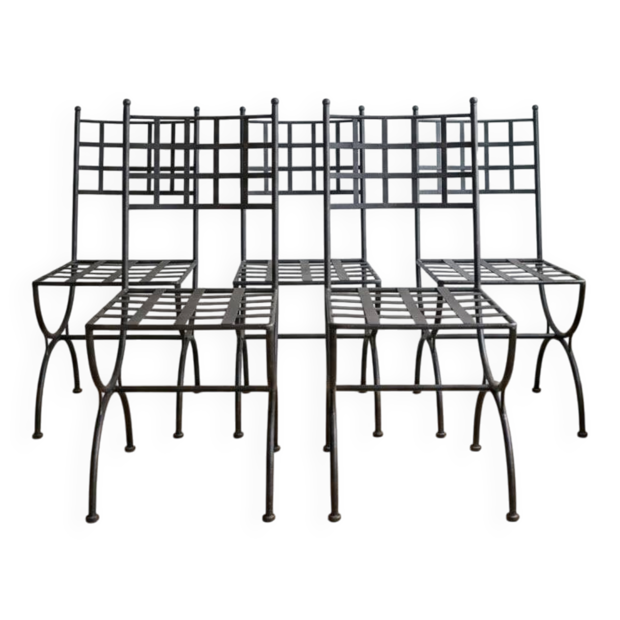 Set of 5 black metal industrial style garden chairs.