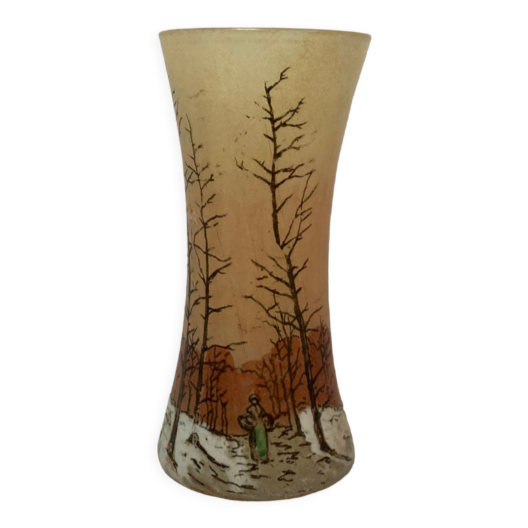 Legras glass vase enamelled snowy landscape around 1900