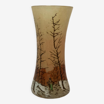Vase verre émaillé paysage enneigé vers 1900 Legras