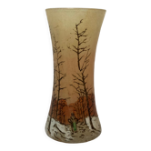 Legras glass vase enamelled snowy landscape around 1900