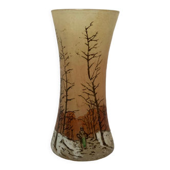 Legras glass vase enamelled snowy landscape around 1900