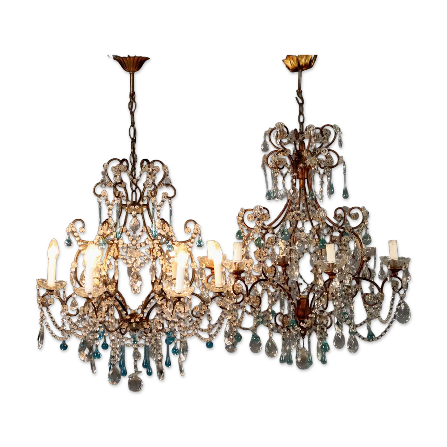 Pair of antique chandeliers in burnished iron and glass, 6 lights, Italy, 19th century.