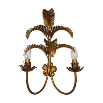 Golden Italian Hollywood Regency metal palm leaf wall lamp