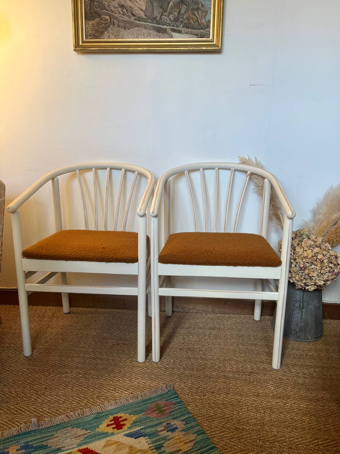 Pair of vintage wood and loop wool armchairs