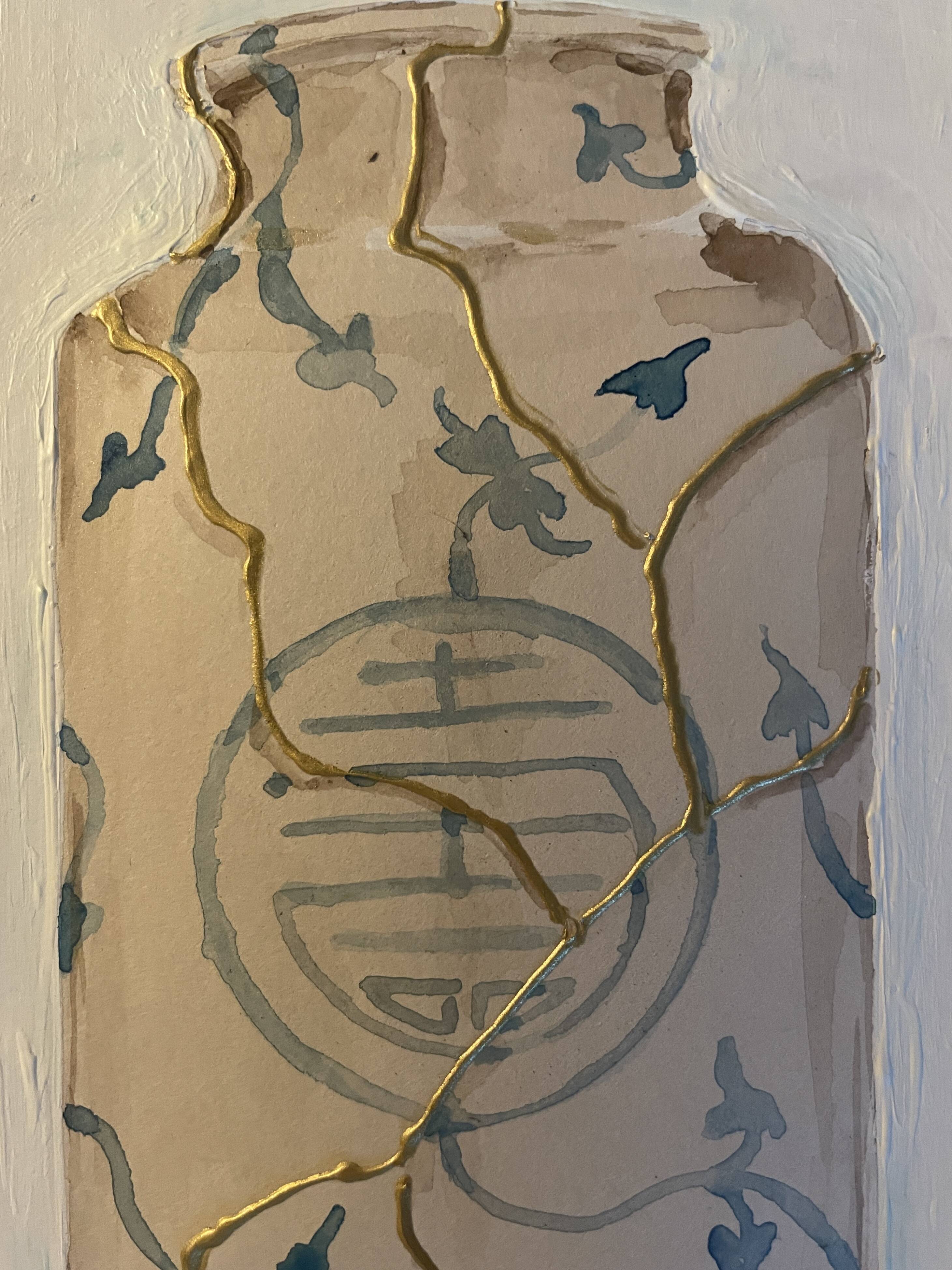 Painting signed “Japanese Kintsugi vase” mixed media + iridescent gold