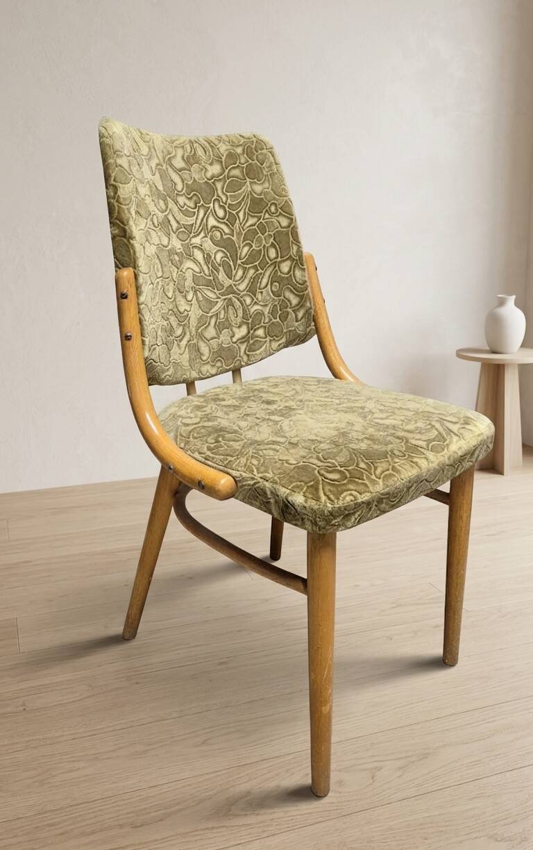 Bentwood dining chairs set of 4, retro beech wood & olive velour, TON 1960s–1970s, Czechoslovakia