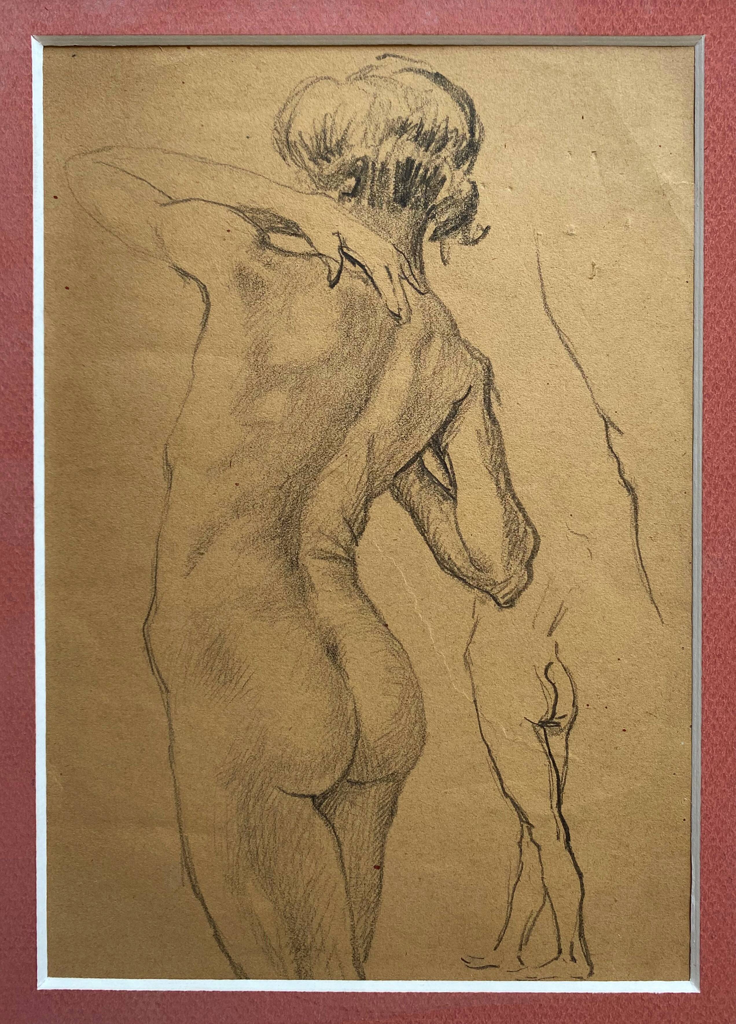 Painting old drawing "Study of woman's nude" around 1900 with frame