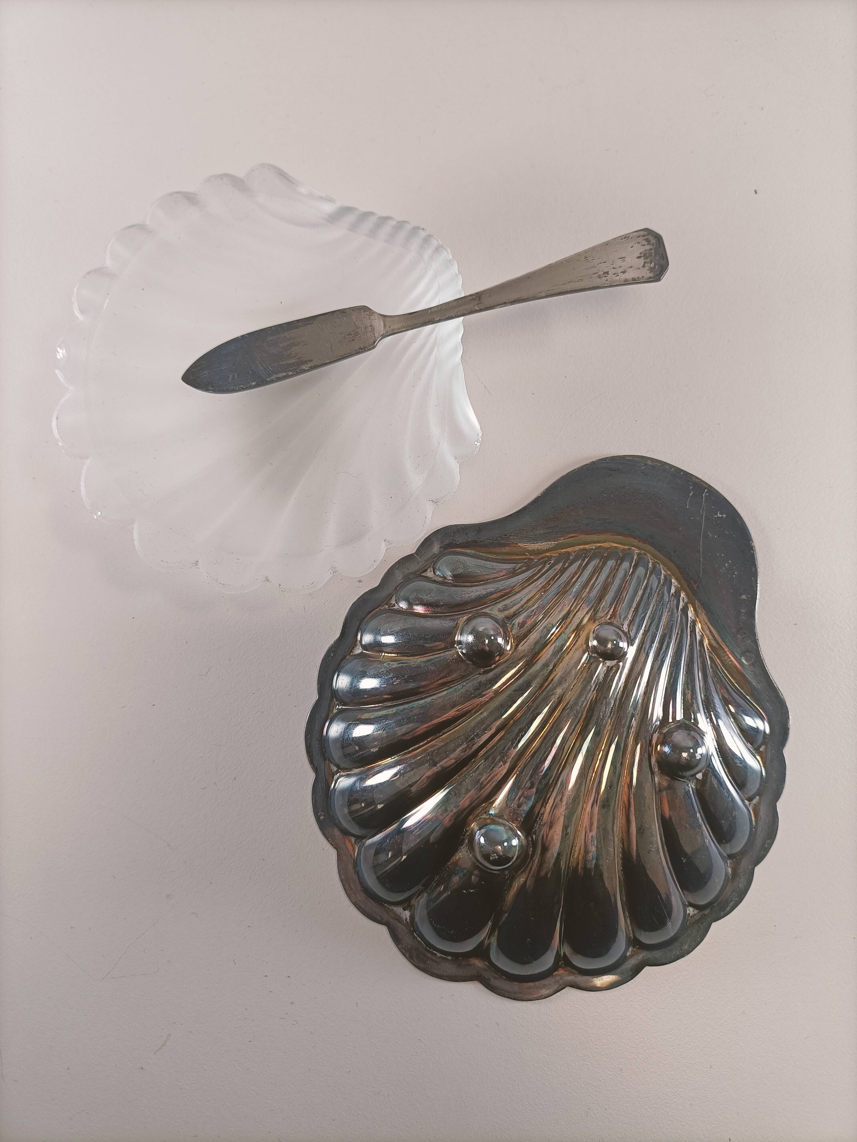 Complete Shell Butter Dish - Metal & Glass - Original Box - 1970s