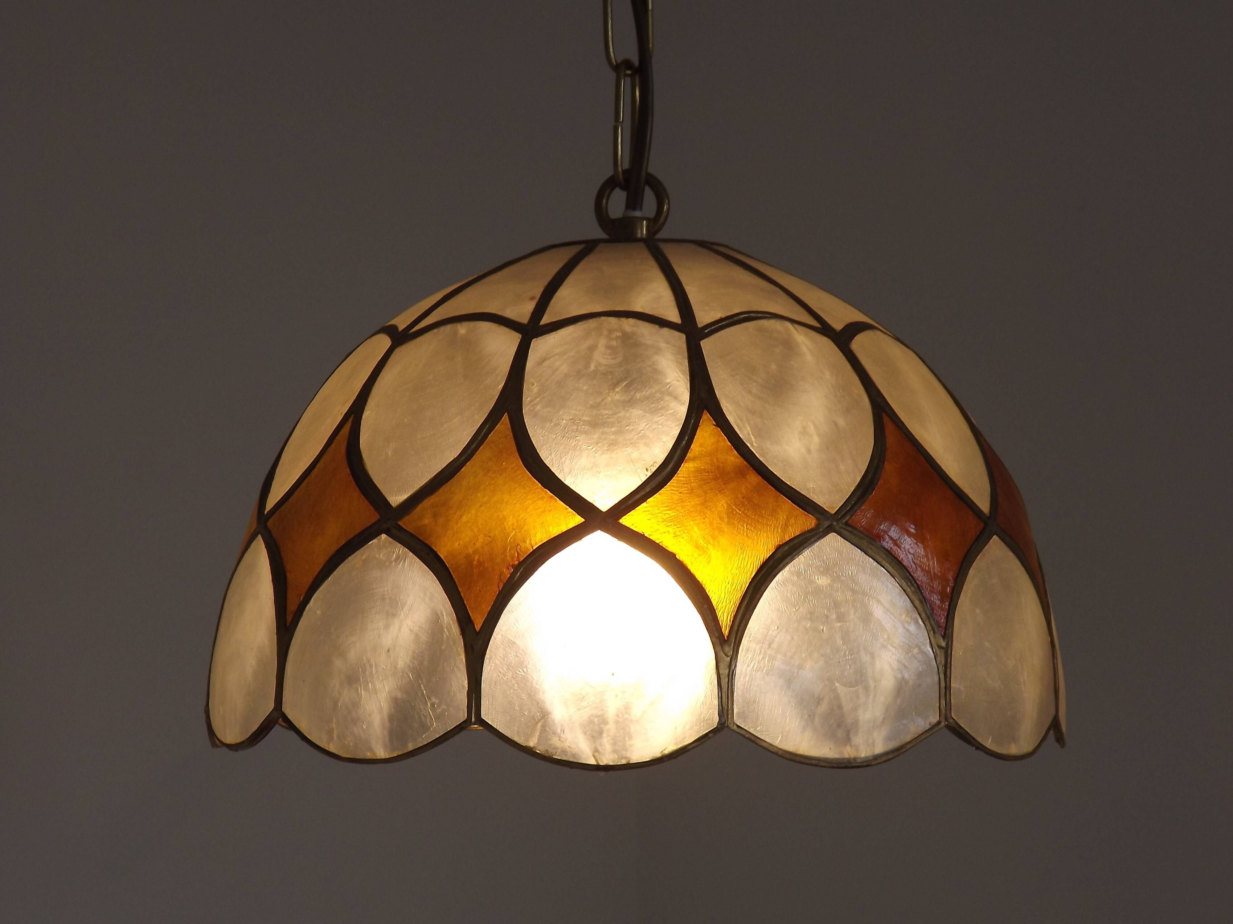 French Vintage Capiz Shell Hanging Pendant Light in Brown & White Gold Trim