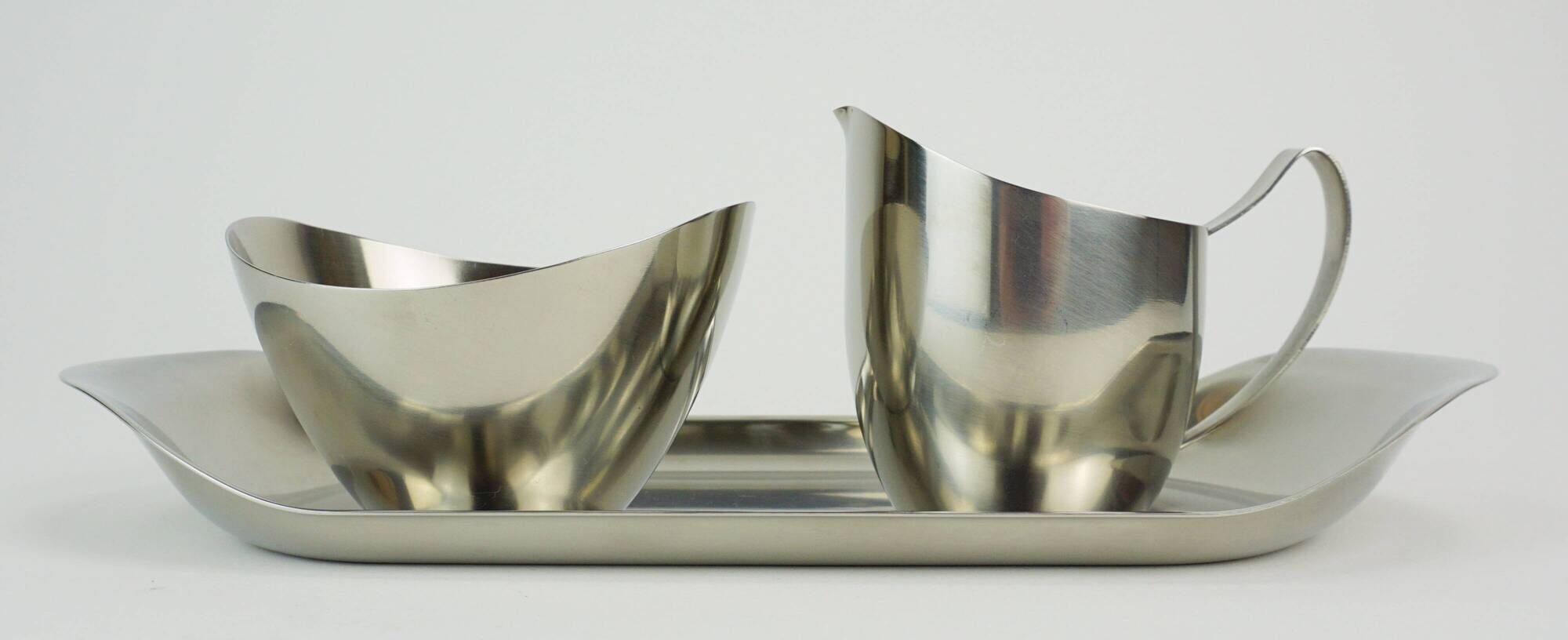 Danish 3-piece set sugar bowl creamer and tray stainless steel