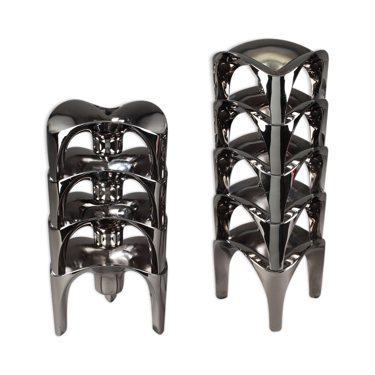 Set of 9 modular candle holders in chromed metal, nagel germany