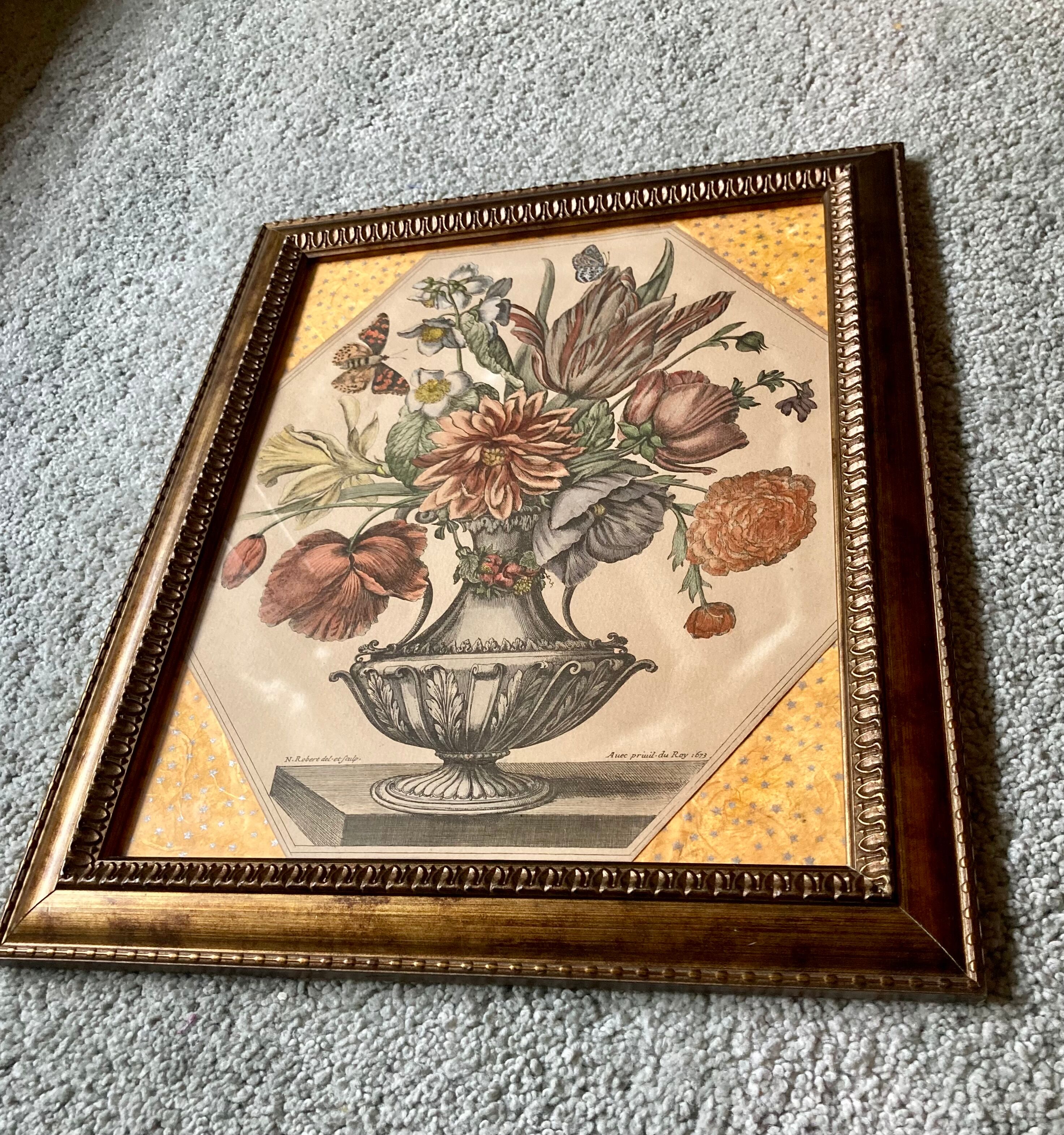 Engraving XVIIth, vase with flowers & butterflies - N. Robert