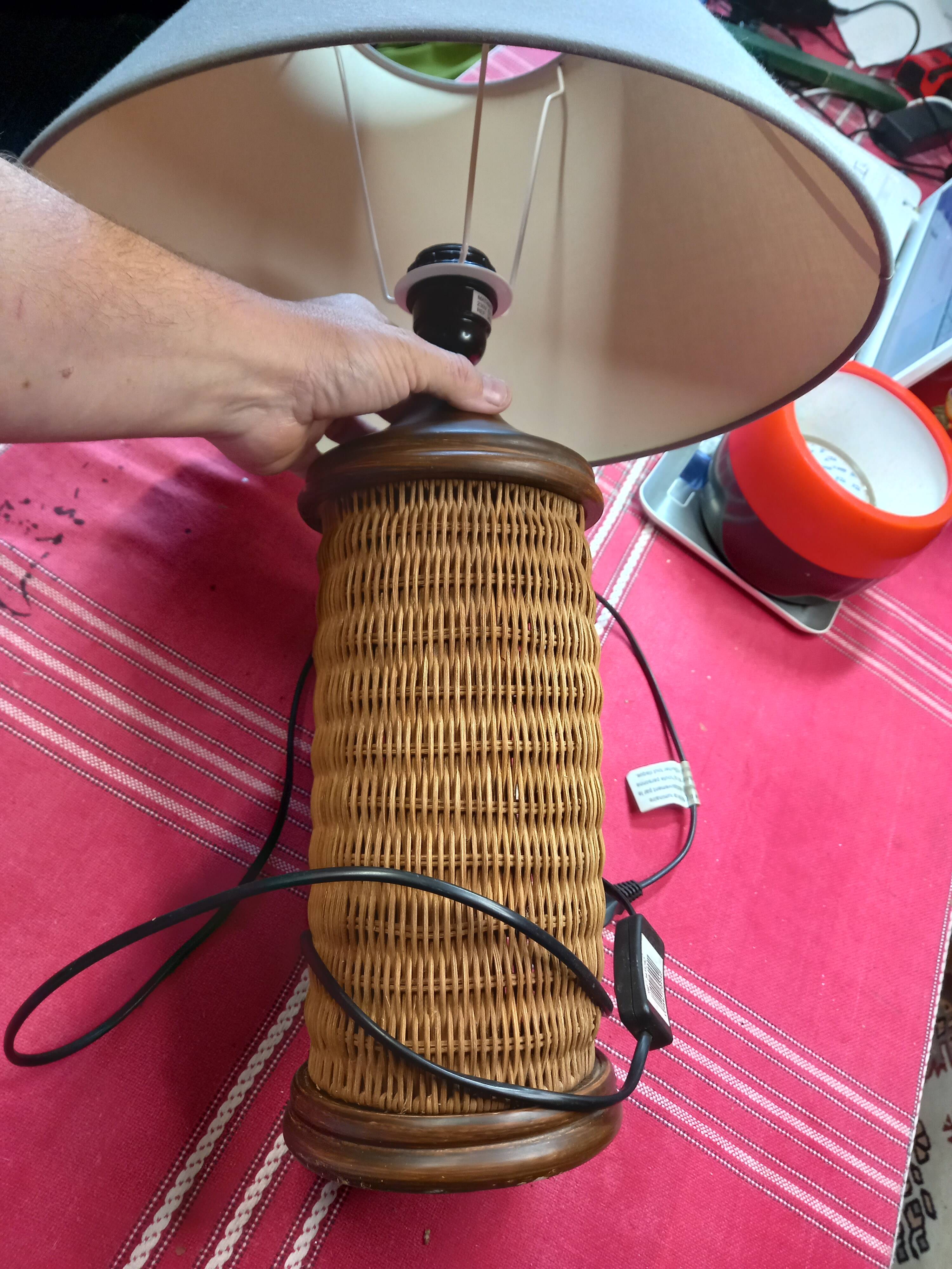 Pretty wicker and wood lamp with gray shade